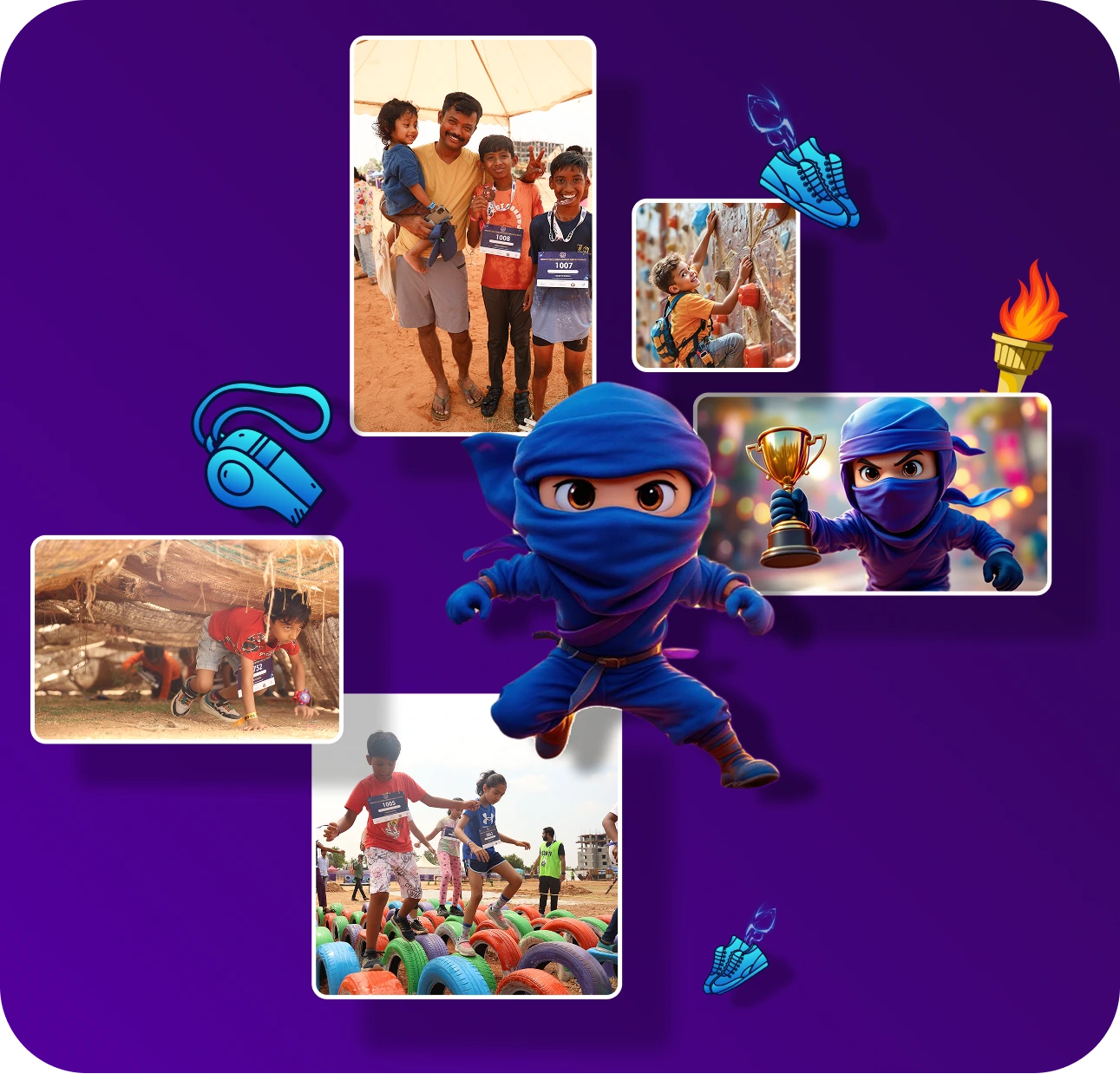 Kids and families celebrating at RRun Yodha obstacle fest, with medals, climbing walls, tire courses, and the RRun Yodha ninja mascot